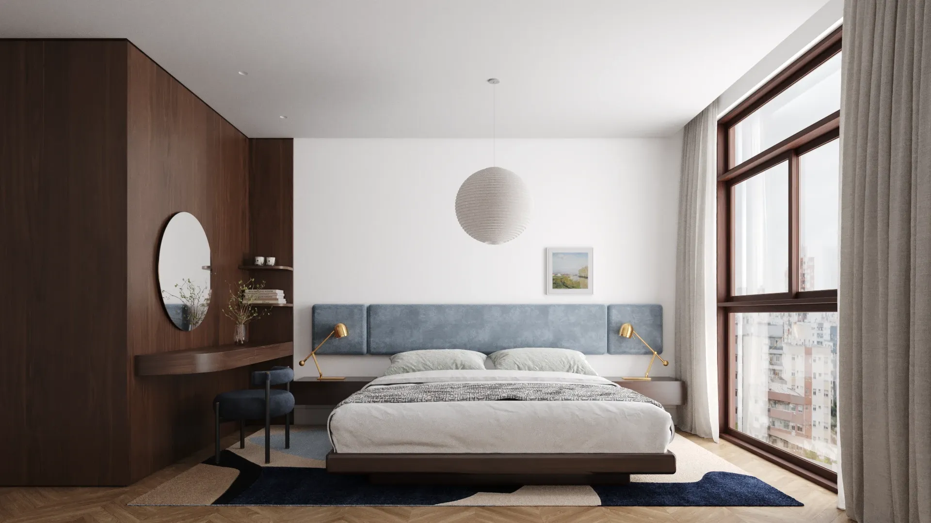 Quarto de casal com painel de madeira escura, cabeceira estofada azul e luminária de papel sobre a cama