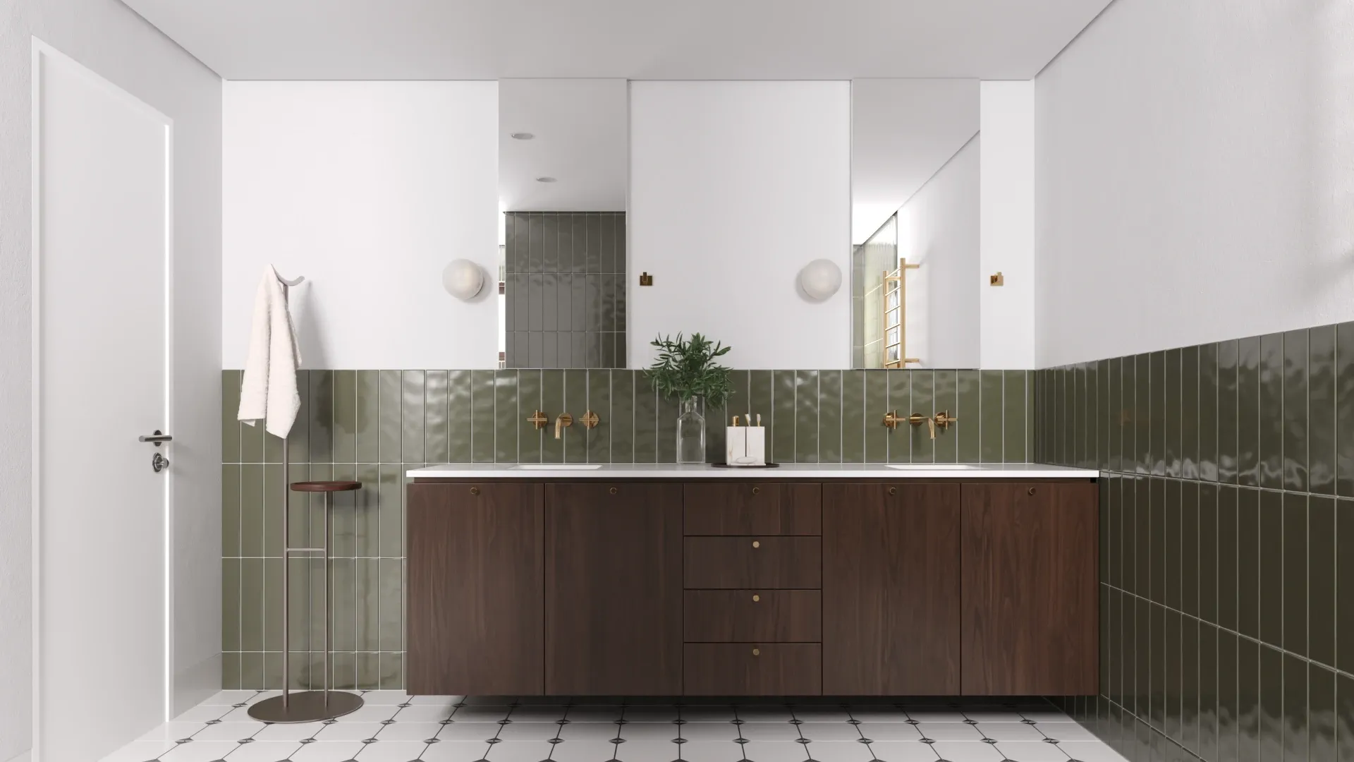 Banheiro com azulejo verde assentado na vertical, bancada de marcenaria escura e piso preto e branco