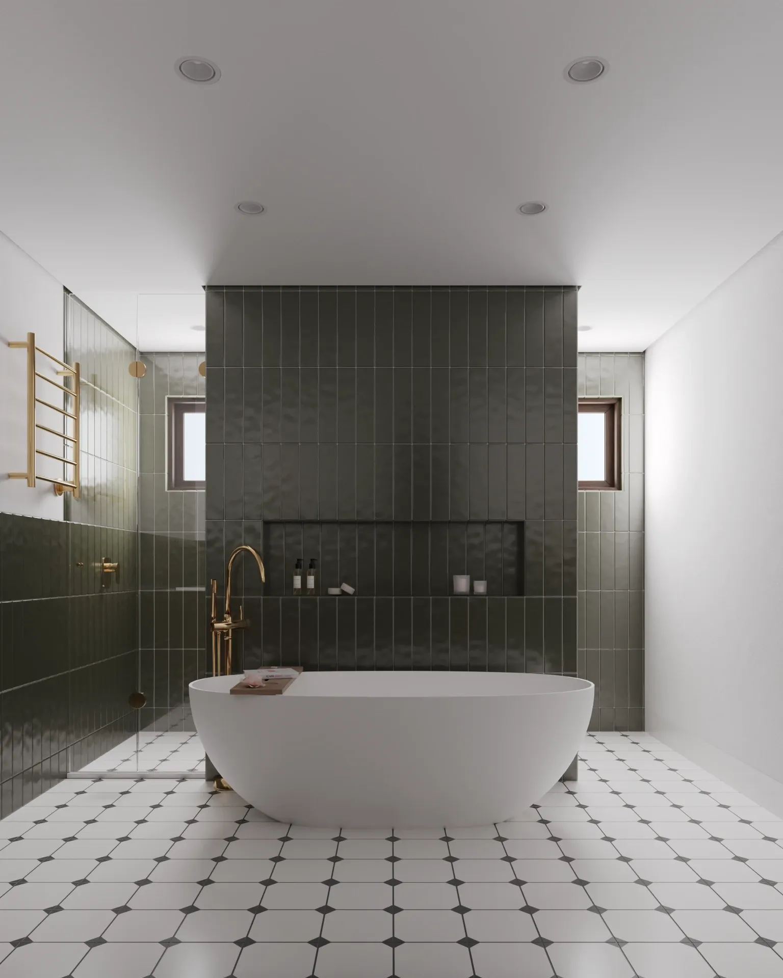Banheira branca diante de uma parede de azulejo verde-escuro com nicho