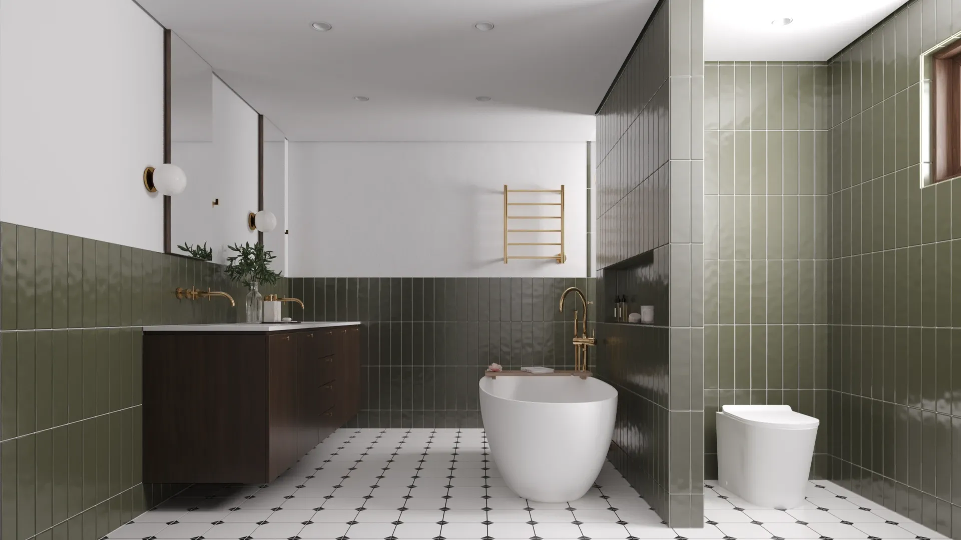 Vista geral do banheiro, com bancada, banheira e vaso separado por uma parede de azulejo verde